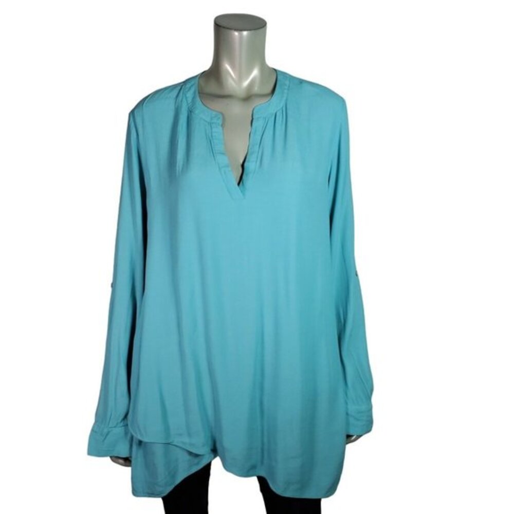 Soft Surroundings Top Size L Tunic Roll Tab Sleeve‎ V-Neck Pullover Viscose Blue